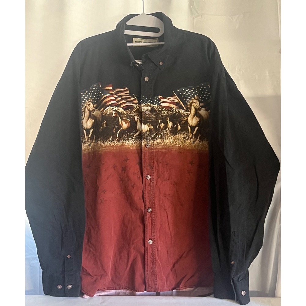Bit & Bridle Mens XL Patriotic Horse American Flag Button Down Shirt Black Red